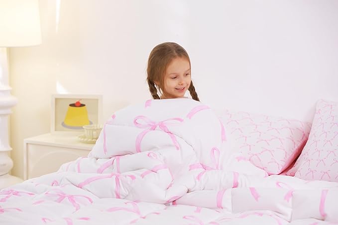 7 Pieces Cartoon Bowknot Kids Comforter King,Pink Bow Tie Butterfly Knot Princess Bedding Set,Watercolor Bow Patchwork Pink White（Comforter+Fitted+Flat Sheet+2 Pillowcases+2 Throw Pillow Covers）