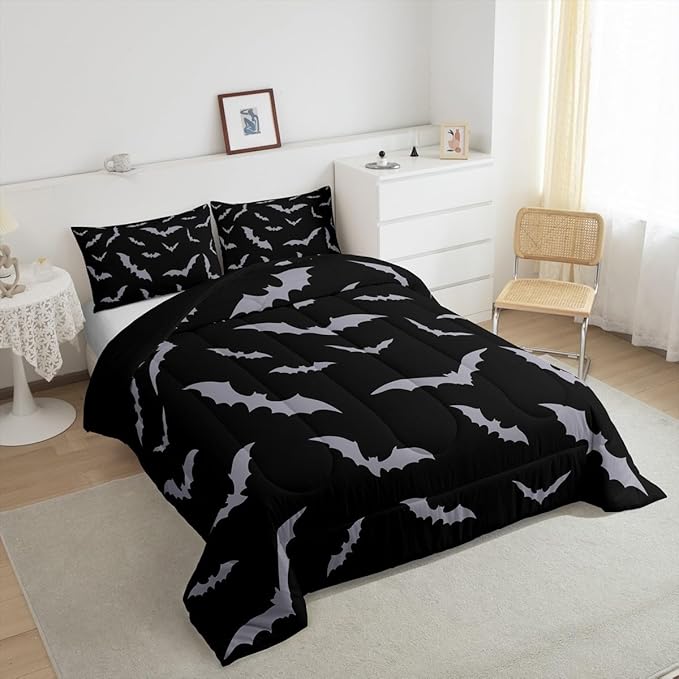 Erosebridal Happy Halloween Comforter Set for Kids Youth Grey Bats Bedding Set Gothic Spooky Quilt Full Size Cartonn Bed Decorative Bedding Comforter Sets with 2 Pillow Cases