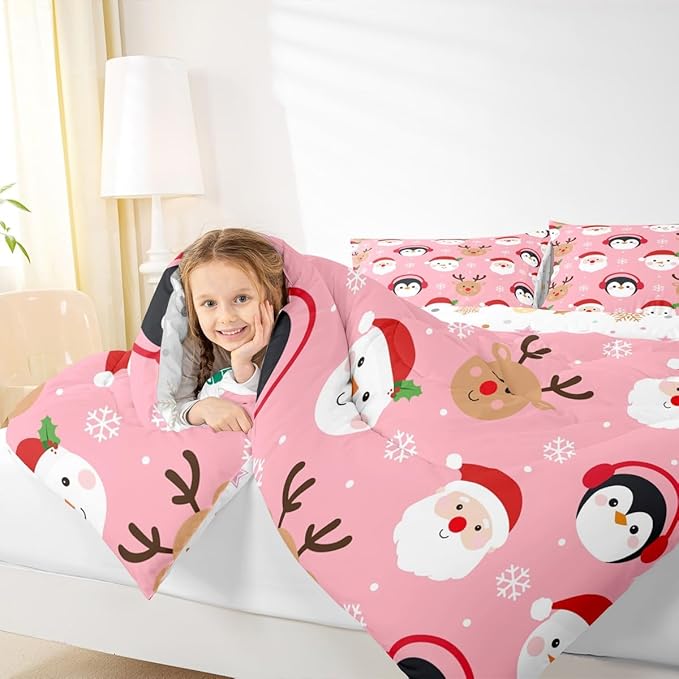 Feelyou Pink Christmas Comforter Set Queen Size Santa Claus Bedding Set for Kids Boys Girls Deer Penguin Duvet Quilt Snowman Bedroom Decor Microfiber 3 Pcs with 2 Pillow Cases