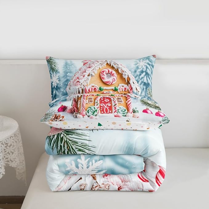Feelyou Christmas Snowscape House Landscape Bedding Set Soft for Boys Girls,Gingerbread House Comforter Set King Size Candy Canes Duvet Quilt Pine Branches Bedroom Decor 3 Pcs with 2 Pillow Cases
