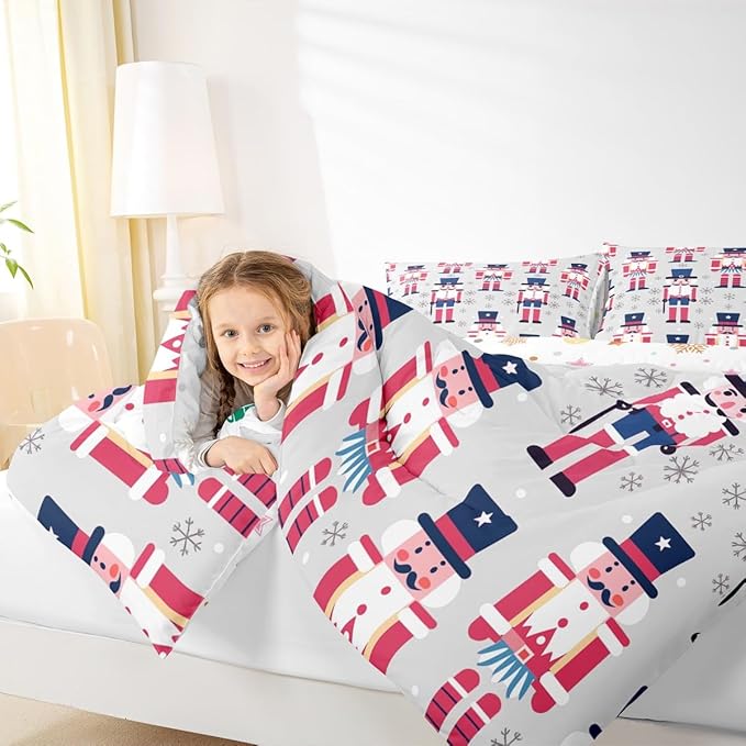 Feelyou Cute Nutcracker Comforter Set Toddler Size Christmas Ornaments Bedding Set for Kids Boys Girls Xmas Snowflake Duvet Quilt Soldier Bedroom Decor Kawaii Microfiber 2 Pcs with 1 Pillow Cases