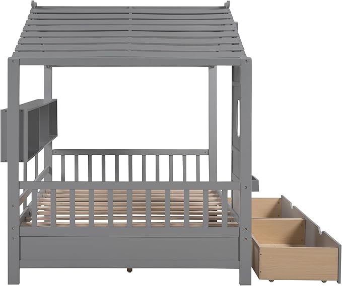 Full Size House Bed with 2 Drawers and Storage Shelf, Playhouse Design Solid Wood Kids Platform Bed Frame for Girls Boys, Decorable Daybed with Sturdy Slats Support, Space-Saving (AF-Gray)