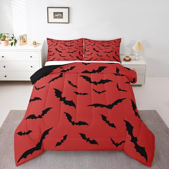 Erosebridal Black Bats Bedding Set Halloween Themed Comforter Set King Size,Bat Spooky Gothic Quilt for Kids Boys Girls Adults Red Halloween Decorations Duvet Insert,Goth Room Decor