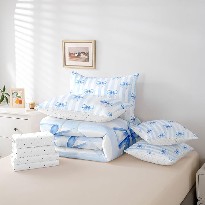 7 Pieces Blue Bowknot Kids Comforter Full Size,Geometric Stripes Bow Tie Patchwork Dreamy Girls Bedding Set,Butterfly Knot Princess Cute（Comforter+Fitted+Flat+2 Pillowcases+2 Throw Pillow Covers）