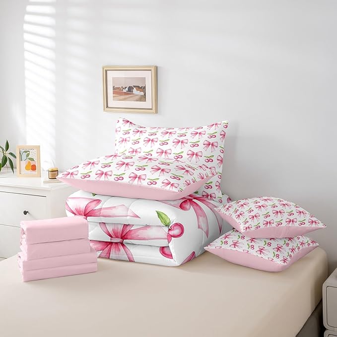 7 Pieces Pink Bowknot Kids Comforter King,Cherry Tropical Fruit Cartoon Bedding Set,Bow Tie Butterfly Knot Princess Dreamy Fashion（Comforter+Fitted+Flat Sheet+2 Pillowcases+2 Throw Pillow Covers）