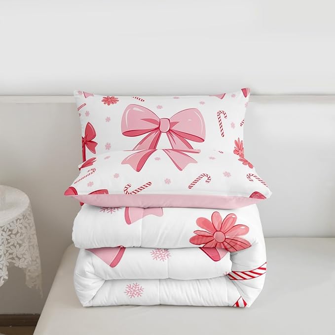 Feelyou Pink Bowknot Comforter Set All Season Christmas Candy Cane Snowflake Bedding Set with 2 Pillow Cases Cute Bow Microfiber Kids Queen Bedclothes Dreamy Princess Style Bedroom Decor Duvet Quilt