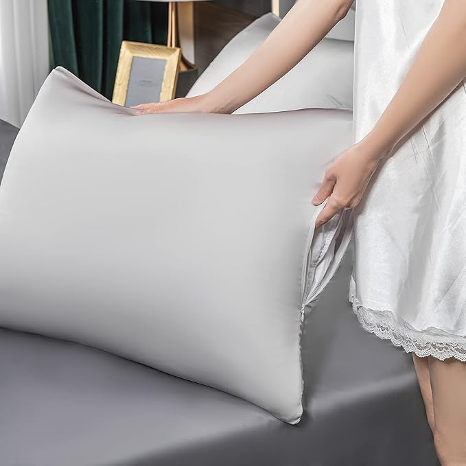 Mulberry Silk Pillowcase for Hair and Skin,King Size Cooling Silk Pillow Case with Hidden Zipper,Allergen Proof Dual Sides Soft Breathable Smooth Silk Pillow Cover for Women(King,Light Gray)
