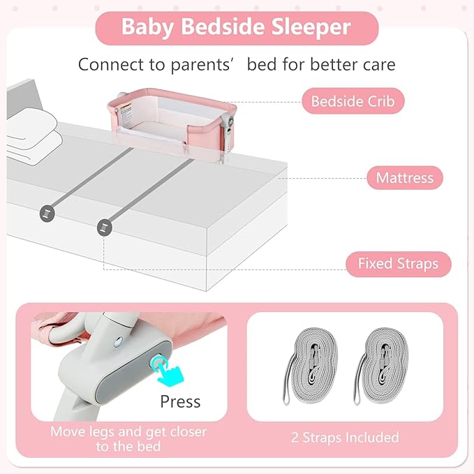 INFANS 3 in 1 Baby Bassinet, Bedside Sleeper, Rocking Cradle, Easy Folding Portable Safer Co-Sleeping Crib with Height Adjustable, Wheels Storage Basket Travel Bag for Infant Newborn (Coral)