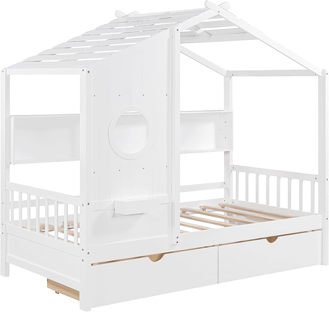 Harper & Bright Designs Twin Size Modern House Bed with Roof, Wooden Twin Size House Bed with 2 Drawers and Storage Shelf, White