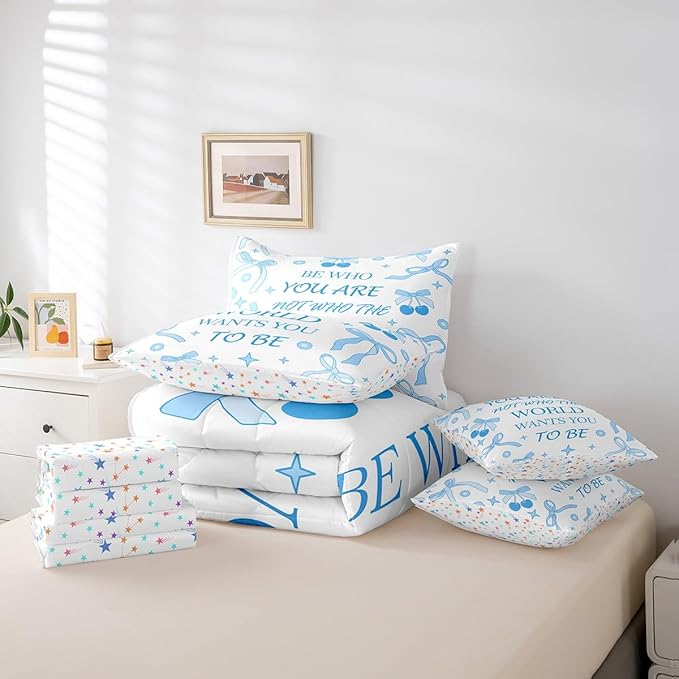 7 Pieces Blue Bowknot Kids Comforter Set Full,Cherry Tropical Fruit Cartoon Princess Bedding Set,Bow Tie Stars Daisy Cute Blue Dreamy（Comforter+Fitted+Flat Sheet+2 Pillowcases+2 Throw Pillow Covers）