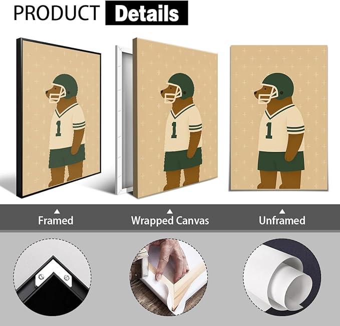 Football Poster Canvas, Baby Boy Sports Nursery Wall Art, Animal Bear Athletes Pictures, Run Fast Jump High Charming Quote Print, Kids Bedroom Soccer Equipment & Field Decor 8x12in Unframed