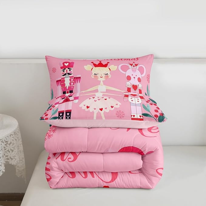 Feelyou Pink Christmas Comforter Set All Season Nutcracker Bedding Set with 1 Pillow Cases Mouse King Microfiber Kids Twin Bedclothes Royal Guarder Ballet Princess Bedroom Decor Duvet Quilt Soft