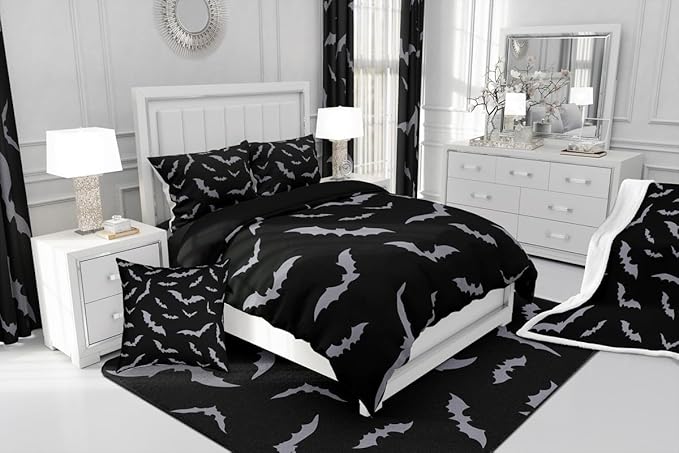 Erosebridal Happy Halloween Comforter Set for Kids Youth Grey Bats Bedding Set Gothic Spooky Quilt Queen Size Cartonn Bed Decorative Bedding Comforter Sets with 2 Pillow Cases