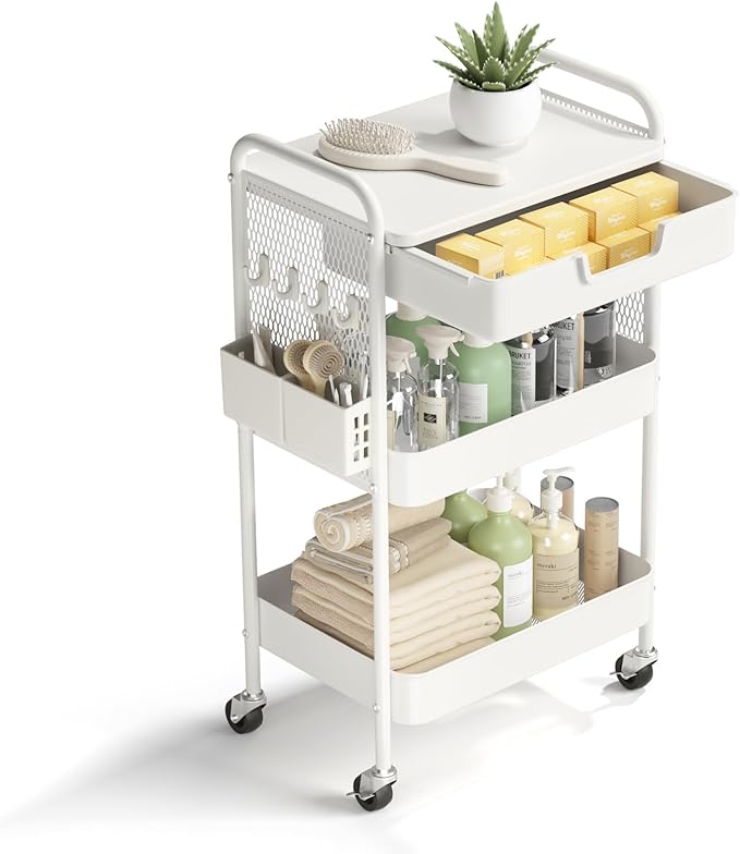 3 Tier Rolling Cart with Drawer, Metal Rolling Utility Cart on Wheels with Pegboard, Art Cart Storage Organizer with Tabletop for Living Room, Office, Bedroom (White)