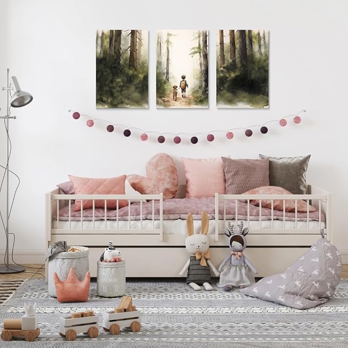 Boy and Dog Nursery Wall Art, Set of 3 Rustic Woodland Nursery Wall Decor, Little Boy and Puppy in the Forest Adventure Kid Wall Art Print, Outdoor Landscape Toddler Room Decor for Boys, Framed 16"x24"x3