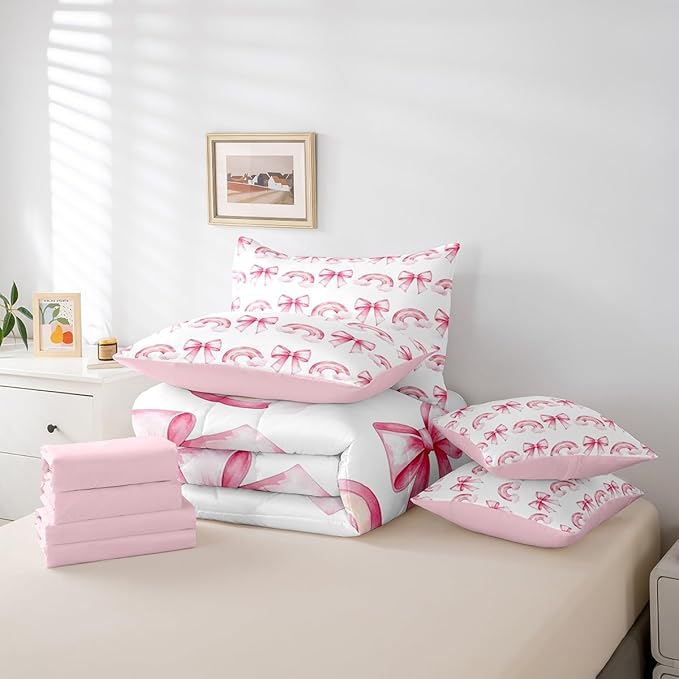 Manfei 7 Pieces Pink Bowknot Princess Comforter King,Rainbow Cloud Bow Tie Toddler Bedding Set,Bow Princess Tale Style Cartoon Dreamy（Comforter+Fitted+Flat Sheet+2 Pillowcases+2 Throw Pillow Covers）