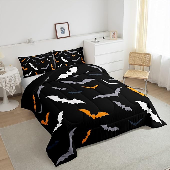 Erosebridal Gothic Halloween Decor Comforter Set - Toddler Size for Kids Boys & Girls - Animal Silhouette Bedding Set with 1 Pillow Case, Orange and Grey Bat Duvet Insert