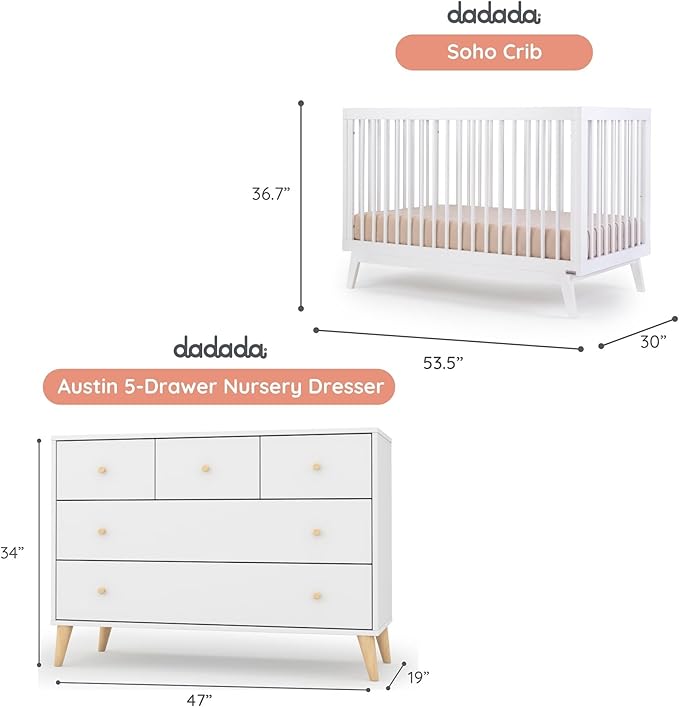 dadada Baby Harmony Nursery Set, Furniture Set. Baby Crib and Dresser Combo. Soho 3 in 1 Convertible Crib and Austin 5 Drawer Nursery Dresser. White Beechwood