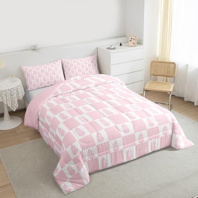 Feelyou Christmas Comforter Set Twin Size Checkered Bedding Set for Kids Boys Girls Snowman Duvet Quilt Xmas Decorations Bedroom Decor Pink Microfiber 2 Pcs with 1 Pillow Cases Soft Lightweight