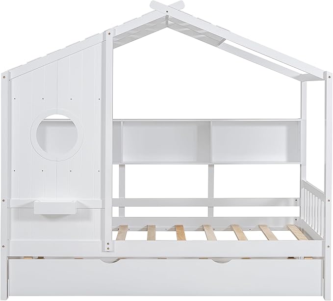 Harper & Bright Designs Twin Size Modern House Bed with Roof, Wooden Twin Kids House Bed Frame with Trundle and Storage Shelf, White