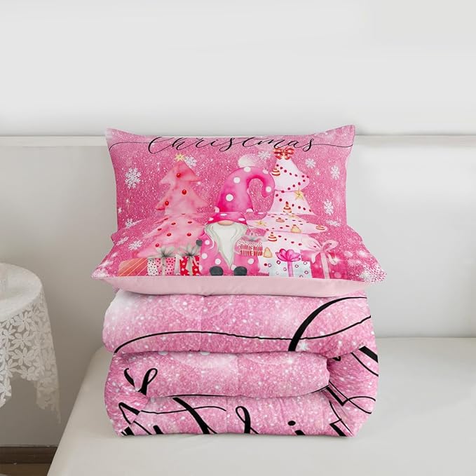 Castle Fairy Girly Christmas Comforter Set King Size,Pink Gnome Xmas Pine Trees Gift Bedding Set All Season Quilt Set,Snowflake Stars Glitter Sparkling Microfiber Polyester Down Comforter