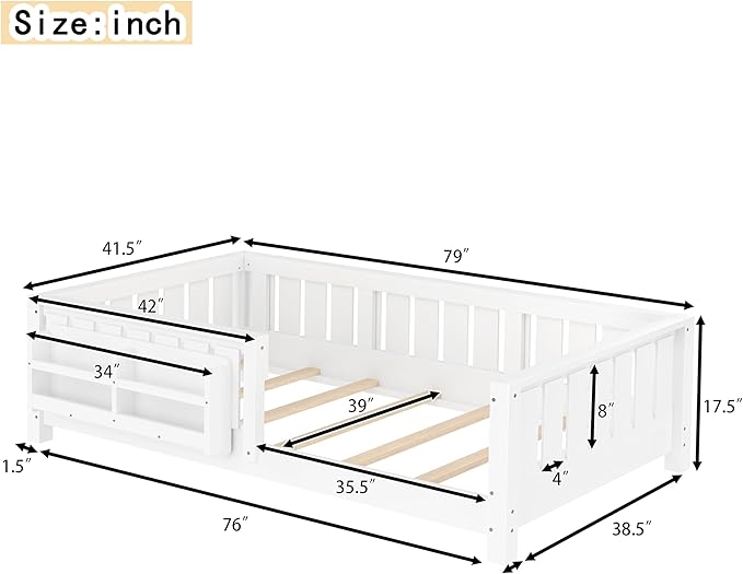 Bellemave Twin Floor Bed with Slats and Safety Guardrail, Twin Size Montessori Floor Bed with Fence and Built-in Bookshelf, Easy Assemble Montessori Beds for Kids, Girls, Boys, White