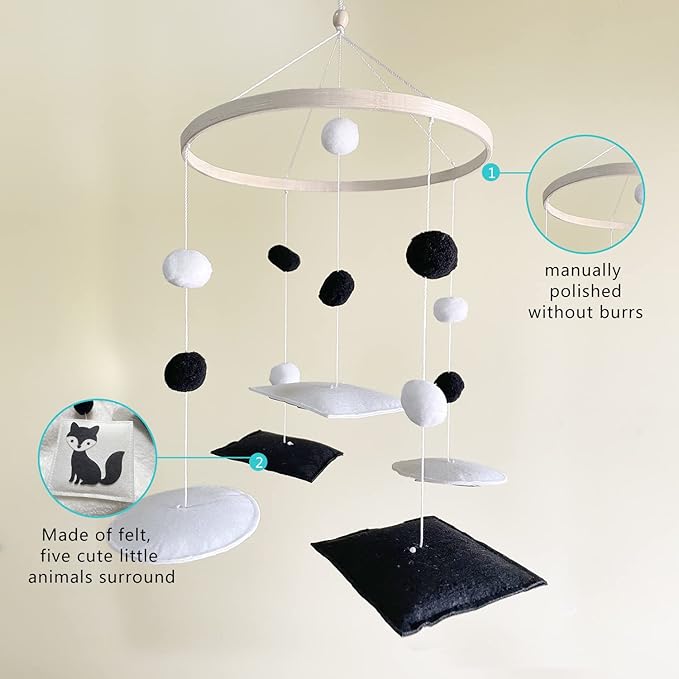 Montessori Mobile, Black and White Mobile for Baby, Woodland Baby Crib Mobile for Boys Girls, Neutral Nursery Mobile High Contrast Mobile for Pack N Play, Nursery Decor Woodland