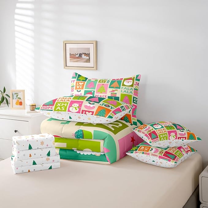 Feelyou Christmas Bed Set Snowman Christmas Tree Print Kawaii Comforter Set with Sheets Xmas Santa Claus Bed in a Bag for Kids Girls New Year Theme Bedding Set Bedroom Collection Queen Size