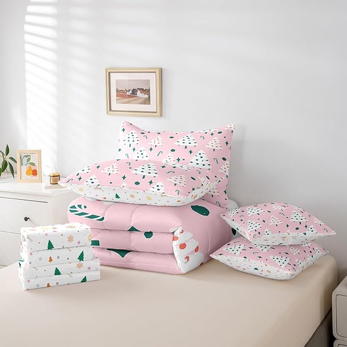 Feelyou Christmas Girly Comforter Set with Sheets Kids Christmas Tree Bedding Set Boys Girls Snowflake Candy Decor Bed in a Bag Xmas Theme Pink Bed Set Bedroom Queen Size