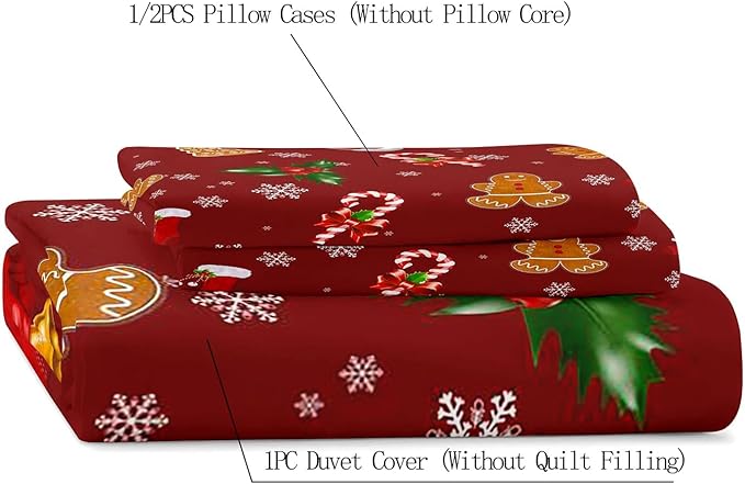 LUVIVIHOME 3PCS Christmas Duvet Cover Queen Bedding Sets, Red Duvet Cover, Boys Girls Kids Bedding, Gingerbread Snowflake Holiday New Year Xmas Gifts Christmas Comforter Quilt Cover, 2 Pillow Cases
