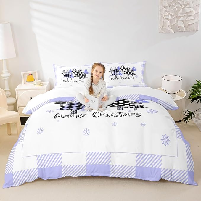 Manfei Xmas Trees Duvet Cover Set Full Size, Blue Plaid Grid Snowflake Bedding Set for Kids Girls Boys Room Decor, Christmas Theme Comforter Cover New Year Quilt Cover with 2 Pillowcases, No Comforter