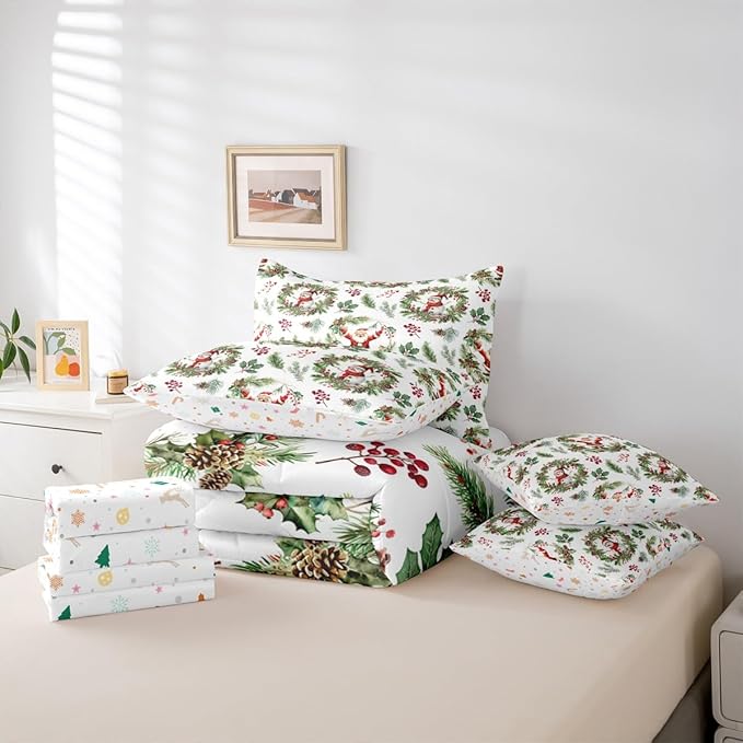 Erosebridal Cartoon Santa Claus King Comforter Set with Sheets 7 Piece Cute Xmas Snowman Bed in A Bag Winter Red Berry Pine Branches Leaf Bedding Sets for Teenager New Year Holiday Wreath Bed Set