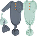 OPAWO Knotted Gown Baby Newborn Sleepers Baby Boy Coming Home Outfit, Bamboo Viscose Baby Gowns with Mitten Cuffs and Hat Set