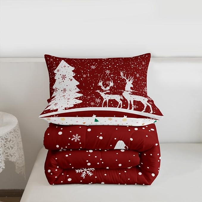 Merry Christmas Kids Comforter Set Twin Size,Deer Elk Pine Trees Bedding,Girls Boys Adults Bedroom/Xmas Cabin Decor,Snowflake Romantic Down Comforter,Rustic New Year Red Duvet Insert,1 Pillowcase