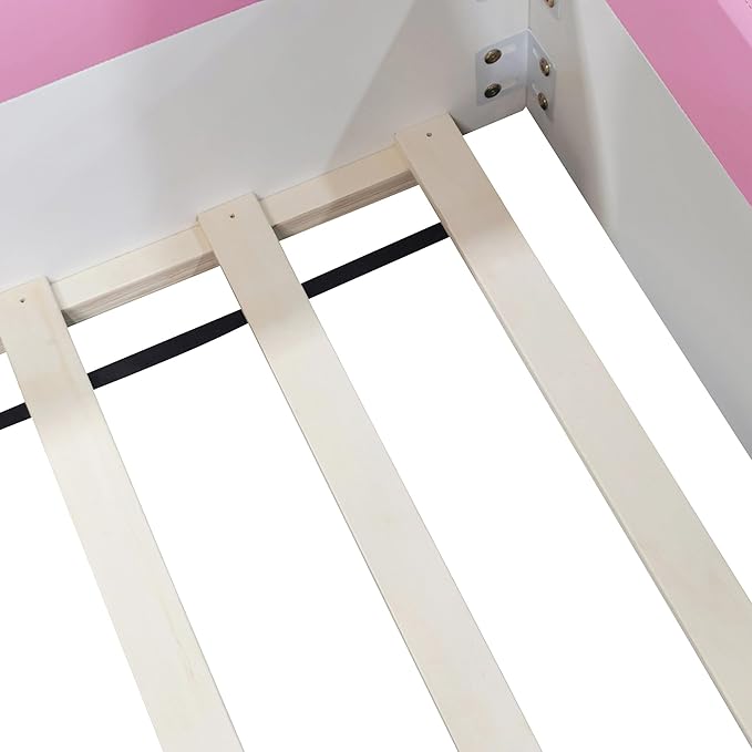 Twin Size Upholstered Daybed Frame with Fence and Stairs, Montessori Kids Floor Bed with Sturdy Slat Support for Kids Boys Girls