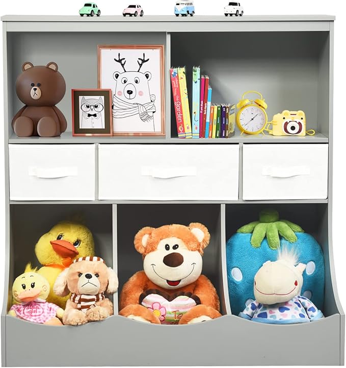 HONEY JOY Kids Toy Storage Organizer with Bookcase, 8-Cubby Organization Storage Cabinet w/Display Shelf & 3 Removable Fabric Bins, Wooden Toy Storage Unit for Playroom, Nursery Daycare(Gray)
