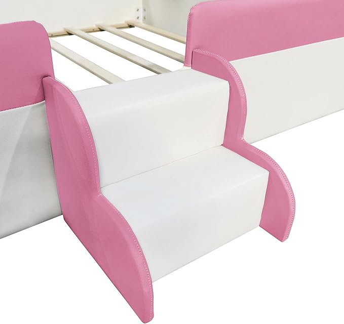 Queen Size Upholstered Daybed Frame with Fence and Stairs, Montessori Kids Floor Bed with Sturdy Slat Support for Kids Boys Girls