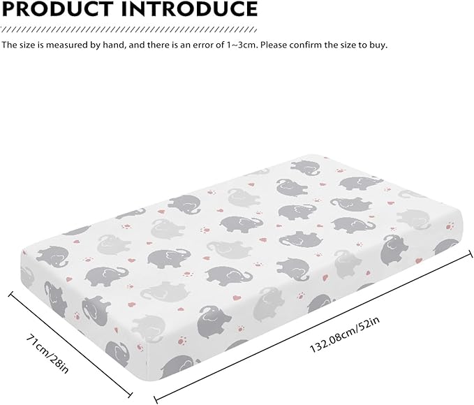 Elephant Fitted Crib Sheet for Boys Girls Watercolor Grey Elephants Baby Sheet for Standard Crib and Toddler Pink Paw Print and Heart Nursery Bed Mattress Sheets 28"x52"