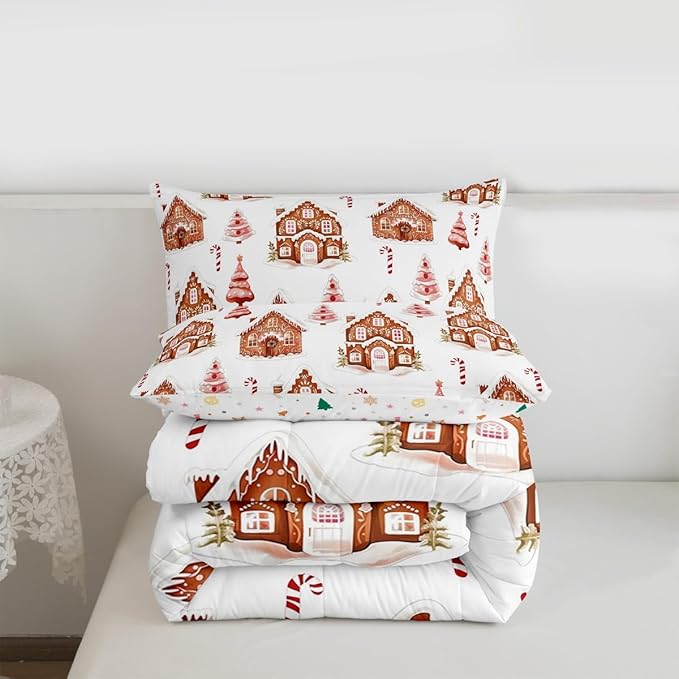 Feelyou Merry Christmas Comforter Set King Size Gingerbread House Bedding Set for Kids Boys Girls Xmas Tree Duvet Quilt Candy Cane Bedroom Decor Microfiber 3 Pcs with 2 Pillow Cases