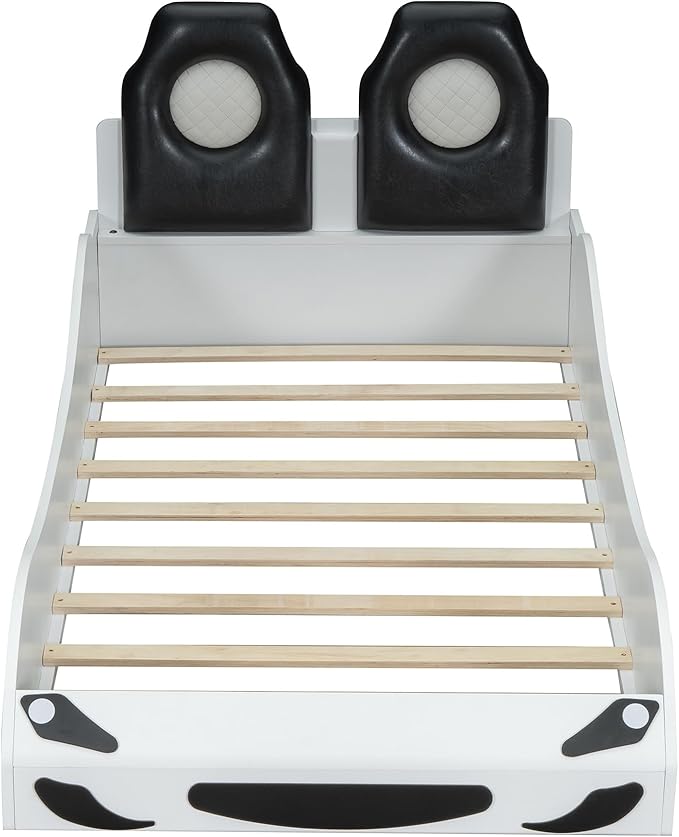 Bellemave Wood Twin Size Race Car-Shaped Platform Bed with LED and Upholstered Backrest, Kid's Platform Bed Frame with Race Car-Shaped and Safety Guardrails for Kids, Boys, Girls.(White)