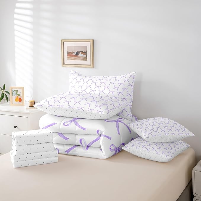 Manfei 7 Pieces Cartoon Bowknot Kids Comforter King Size,Bow Tie Knot Fashion Princess Bedding Set,Cute Bow Sketch Geometric Purple Romantic（Comforter+Fitted+Flat+2 Pillowcases+2 Throw Pillow Covers）
