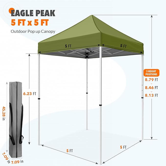 EAGLE PEAK 5x5 Pop Up Canopy Tent Instant Outdoor Canopy Easy Set-up Straight Leg Folding Shelter, Grass Green