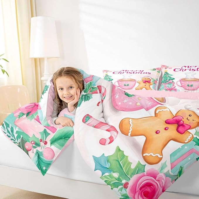 Feelyou Merry Christmas Bedding Set Soft for Boys Girls, Christmas Decor Comforter Set Queen Size Gingerbread Man Duvet Quilt Microfiber Xmas Bedroom Decor 3 Pcs with 2 Pillow Cases