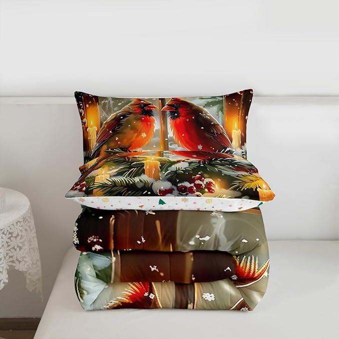 Feelyou Merry Christmas Kids Comforter Set Toddler Size Cardinal Bedding Set Winter Bird Duvet Quilt for Kids Boys Girls Bedroom Red Berries Decor Microfiber Ultra Soft Breathable