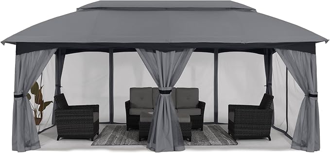 ABCCANOPY Outdoor Patio Gazebo 10x20 - Double Roof Canopy with Mosquito Netting for Backyard, Deck, Garden, Lawn, Dark Gray