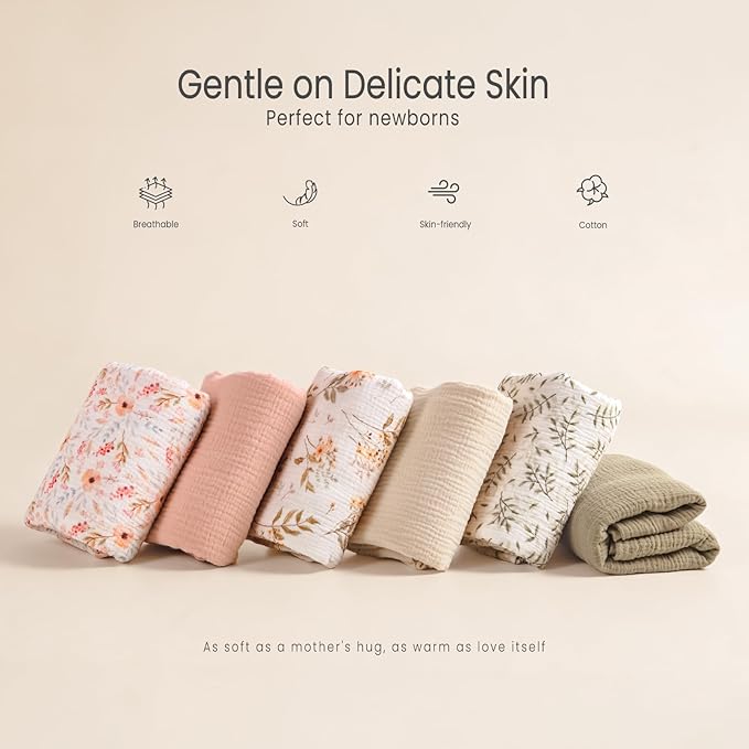 lulumoon Muslin Swaddle Blankets for Baby: Soft Cotton Newborn Receiving Blankets - Floral Print Nursery Gift Set for Baby Girls(Pink Flower)