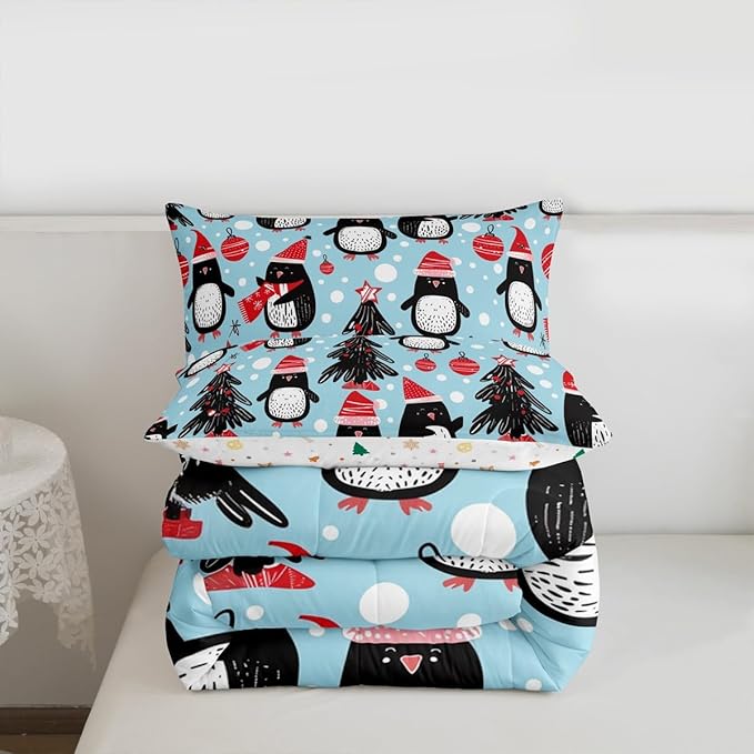 Feelyou Christmas Comforter Set All Season Penguin Bedding Set with 2 Pillow Cases Xmas Tree Microfiber Kids Queen Bedclothes Christmas Balls Bedroom Decor Duvet Quilt Breathable Soft Lightweight