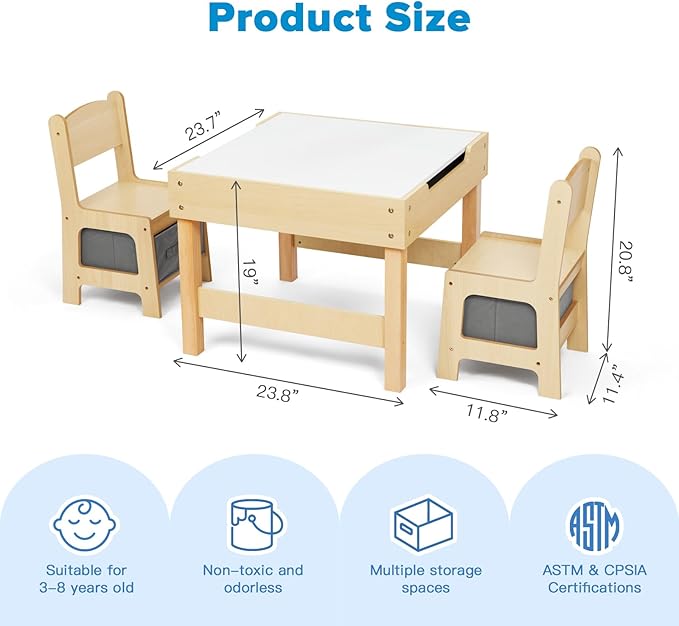 3 in1 Kids Table and Chairs Ages 3-7, Montessori Toddler Table and Chair Set with Versatile Tabletop and Storage Drawer, Kids Activity Desk for Home, Nursery and Playroom