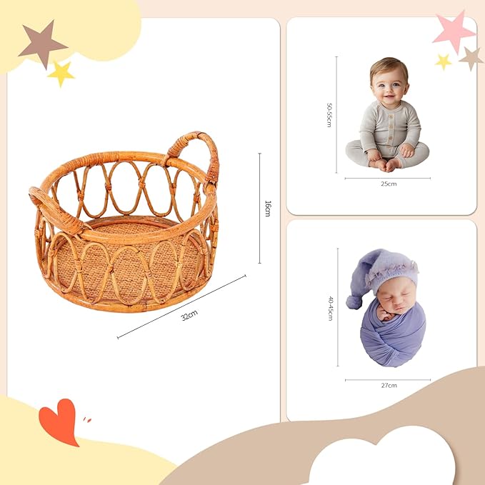 Kate Newborn Photography Props Rattan Circular Basket Handcrafted Bed Mini Bed with Boho Woven Blanket and Stretch Wrap for Baby Photography Posing Props Photoshoot