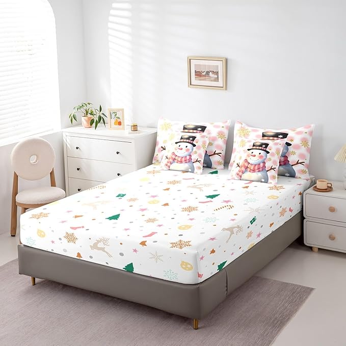 Feelyou Kids Merry Christmas Decorations Queen Size Bed Set Xmas Snowman Bed in a Bag Pink Bedding Set Soft Warm Lightweight Comforter Set with Sheets